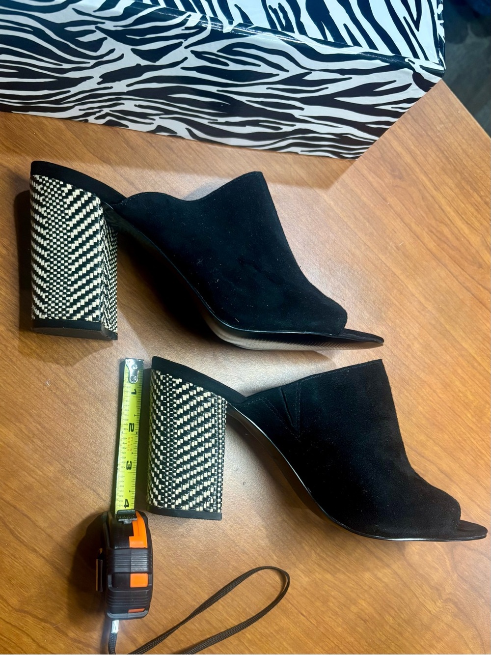 Nine West Black Suede Open-Toe Mules with Pattern Weaved Block Heels